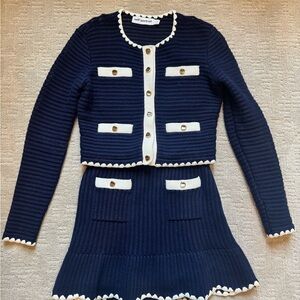 Self Portrait size Xs Navy and White Knit Cardigan and Skirt Set